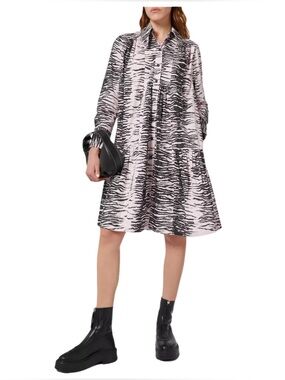 Ganni Tiger-Print Cotton-Poplin Shirt Dress in Pink/Black sz 44 XL